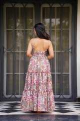 Women's Floral Print Poly Rayon Tiered Maxi Dress with Spaghetti Straps in Pink – view 3