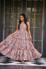 Women's Floral Print Poly Rayon Tiered Maxi Dress with Spaghetti Straps in Pink