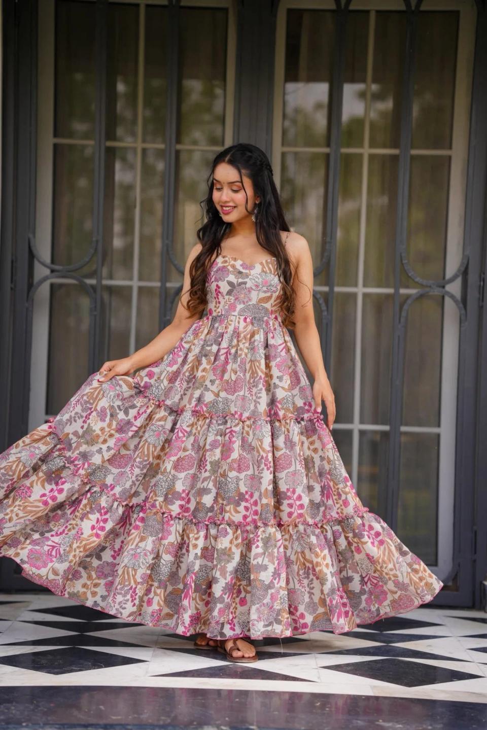 Women's Floral Print Poly Rayon Tiered Maxi Dress with Spaghetti Straps in Pink