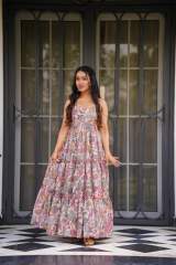 Women's Floral Print Poly Rayon Tiered Maxi Dress with Spaghetti Straps in Pink – view 4