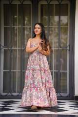 Women's Floral Print Poly Rayon Tiered Maxi Dress with Spaghetti Straps in Pink – view 5