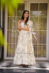 Elegant Poly Rayon Floral Printed Anarkali Maxi Dress with Tie-Up Puff Sleeves in White – view 4