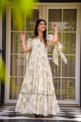 Elegant Poly Rayon Floral Printed Anarkali Maxi Dress with Tie-Up Puff Sleeves in White