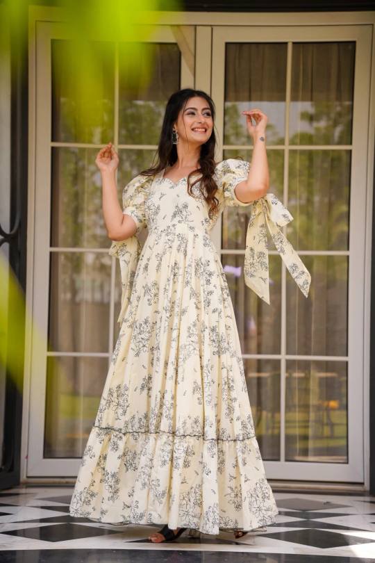 Elegant Poly Rayon Floral Printed Anarkali Maxi Dress with Tie-Up Puff Sleeves in White