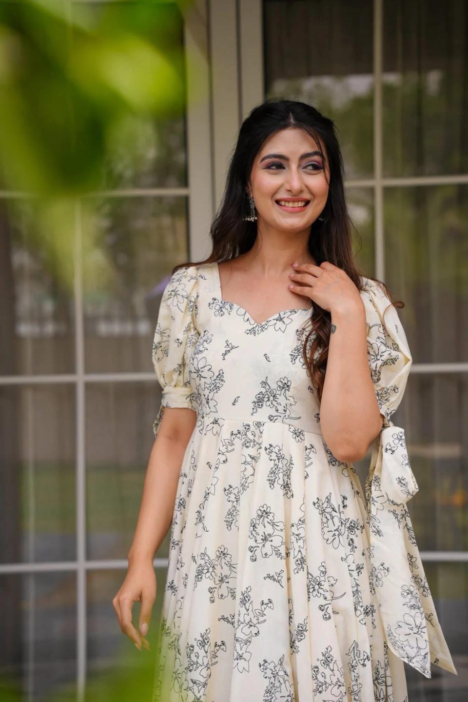 Elegant Poly Rayon Floral Printed Anarkali Maxi Dress with Tie-Up Puff Sleeves in White – view 2