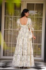 Elegant Poly Rayon Floral Printed Anarkali Maxi Dress with Tie-Up Puff Sleeves in White – view 3
