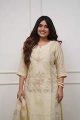 Elegant Cream Heavy Chinon Embroidered Kurta with Sharara & Dupatta Set in White – view 2