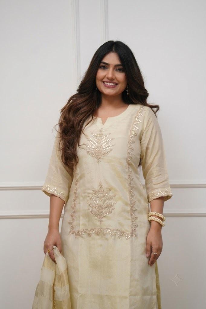 Elegant Cream Heavy Chinon Embroidered Kurta with Sharara & Dupatta Set in White – view 2