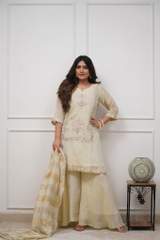 Elegant Cream Heavy Chinon Embroidered Kurta with Sharara & Dupatta Set in White – view 3