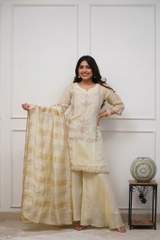 Elegant Cream Heavy Chinon Embroidered Kurta with Sharara & Dupatta Set in White