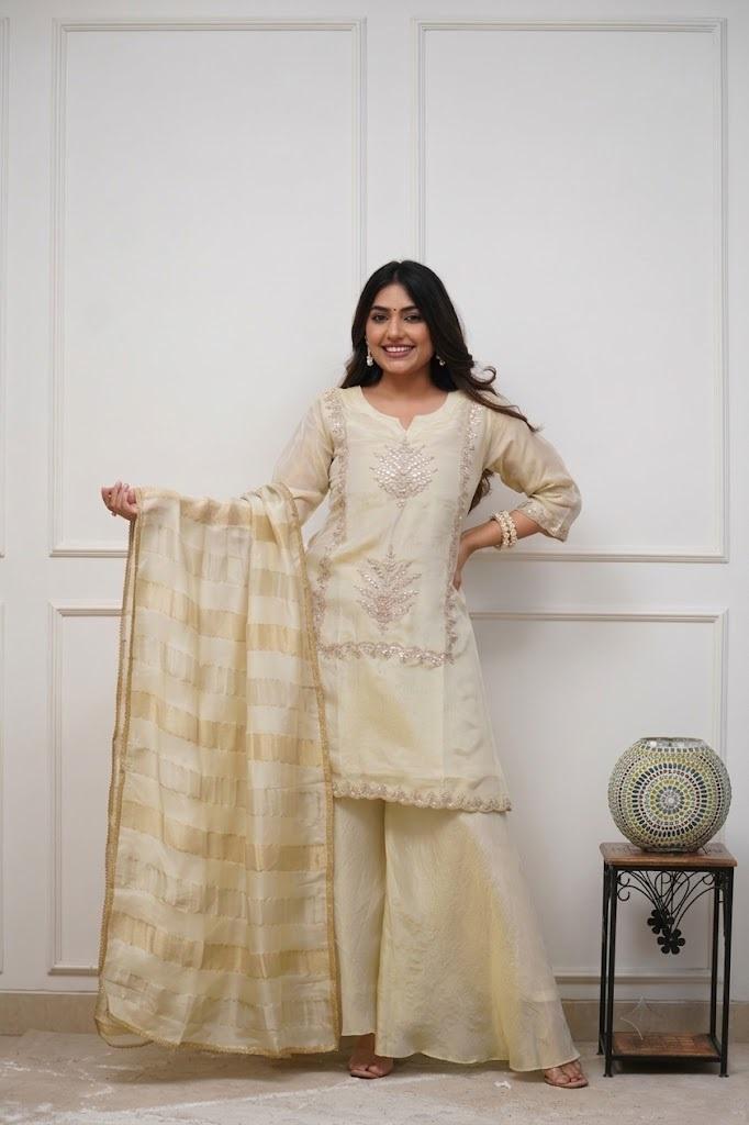 Elegant Cream Heavy Chinon Embroidered Kurta with Sharara & Dupatta Set in White