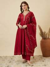 Red Vichitra Silk Embroidered Anarkali Suit Set with Scalloped Dupatta – view 6