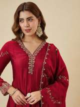 Red Vichitra Silk Embroidered Anarkali Suit Set with Scalloped Dupatta – view 2