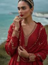 Red Vichitra Silk Embroidered Anarkali Suit Set with Scalloped Dupatta – view 4