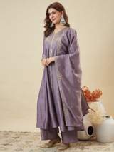 Lavender Vichitra Silk Embroidered Anarkali Kurta Set with Dupatta and Palazzo – view 3
