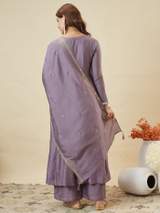 Lavender Vichitra Silk Embroidered Anarkali Kurta Set with Dupatta and Palazzo – view 2