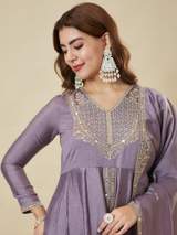 Lavender Vichitra Silk Embroidered Anarkali Kurta Set with Dupatta and Palazzo – view 5
