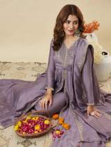 Lavender Vichitra Silk Embroidered Anarkali Kurta Set with Dupatta and Palazzo