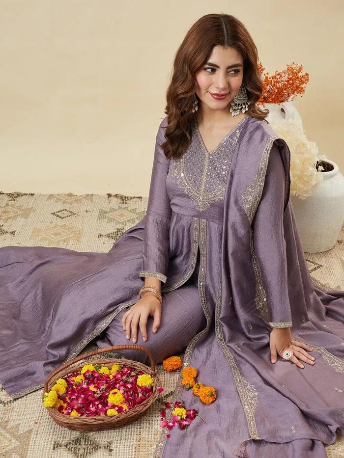 Lavender Vichitra Silk Embroidered Anarkali Kurta Set with Dupatta and Palazzo