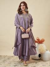 Lavender Vichitra Silk Embroidered Anarkali Kurta Set with Dupatta and Palazzo – view 4