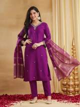Purple Viscose Rayon Embroidered Kurti Set with Pants and Dupatta – view 8