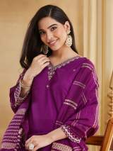 Purple Viscose Rayon Embroidered Kurti Set with Pants and Dupatta – view 7