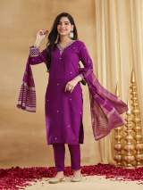 Purple Viscose Rayon Embroidered Kurti Set with Pants and Dupatta – view 10