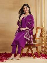 Purple Viscose Rayon Embroidered Kurti Set with Pants and Dupatta – view 4