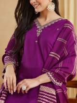 Purple Viscose Rayon Embroidered Kurti Set with Pants and Dupatta – view 6