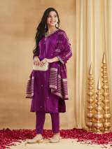 Purple Viscose Rayon Embroidered Kurti Set with Pants and Dupatta – view 2