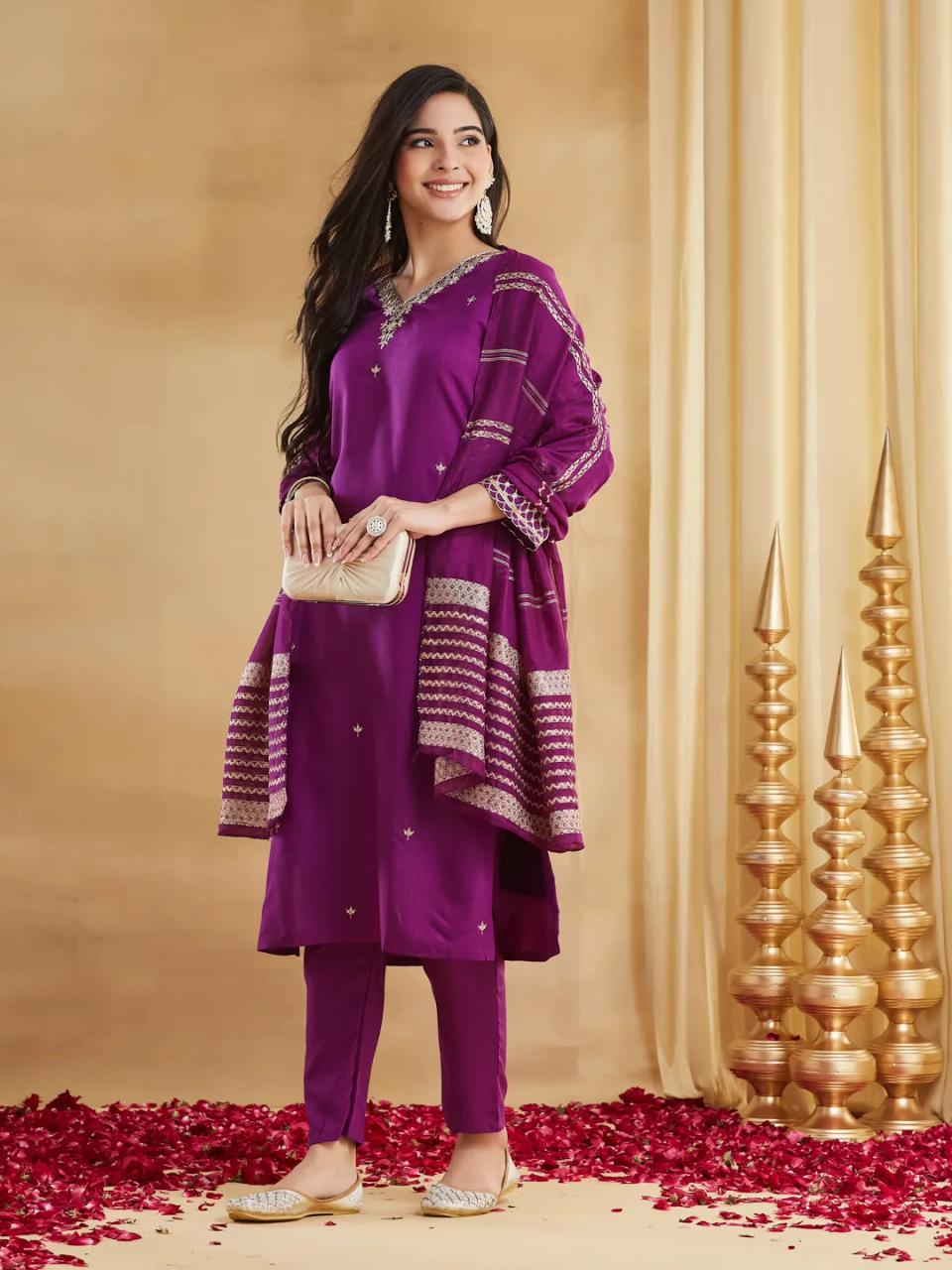 Purple Viscose Rayon Embroidered Kurti Set with Pants and Dupatta – view 2