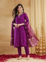 Purple Viscose Rayon Embroidered Kurti Set with Pants and Dupatta