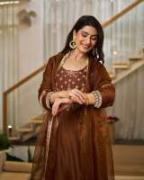 Elegant Brown Vichitra Silk Embroidered Kurta Set with Dupatta – view 5