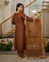 Elegant Brown Vichitra Silk Embroidered Kurta Set with Dupatta – view 4