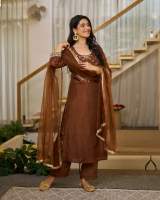 Elegant Brown Vichitra Silk Embroidered Kurta Set with Dupatta – view 3