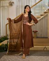 Elegant Brown Vichitra Silk Embroidered Kurta Set with Dupatta