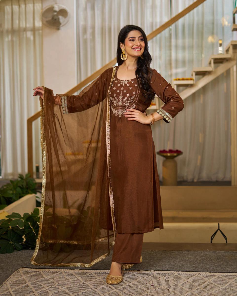 Elegant Brown Vichitra Silk Embroidered Kurta Set with Dupatta