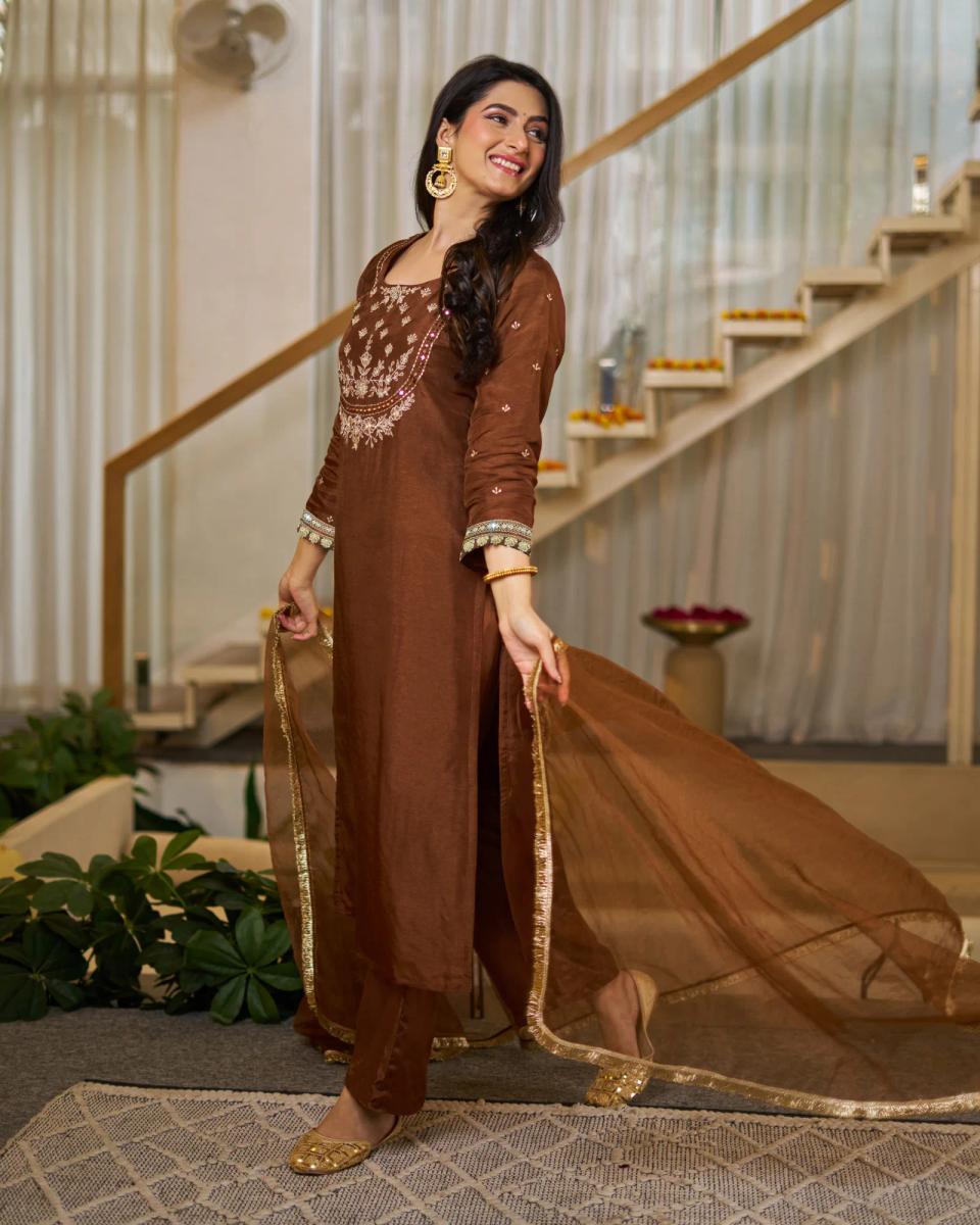 Elegant Brown Vichitra Silk Embroidered Kurta Set with Dupatta – view 2