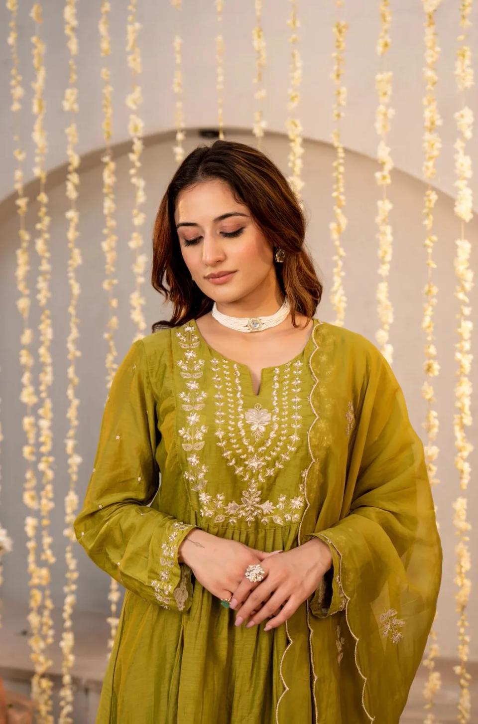 Elegant Embroidered Chanderi Silk Anarkali Kurta Set with Scalloped Dupatta in Yellow – view 2