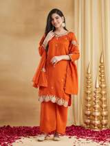 Rust Orange Vichitra Silk Embroidered Kurti Set with Palazzo & Dupatta – view 6