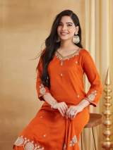 Rust Orange Vichitra Silk Embroidered Kurti Set with Palazzo & Dupatta