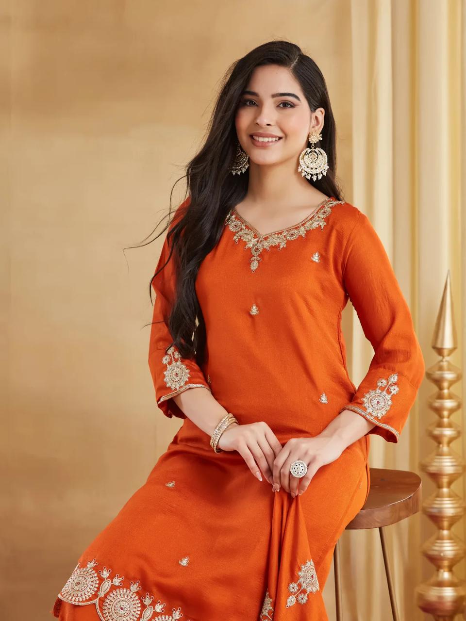 Rust Orange Vichitra Silk Embroidered Kurti Set with Palazzo & Dupatta