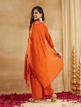 Rust Orange Vichitra Silk Embroidered Kurti Set with Palazzo & Dupatta – view 5