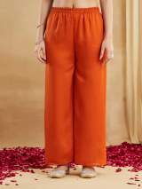 Rust Orange Vichitra Silk Embroidered Kurti Set with Palazzo & Dupatta – view 3