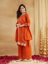 Rust Orange Vichitra Silk Embroidered Kurti Set with Palazzo & Dupatta – view 4