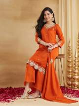 Rust Orange Vichitra Silk Embroidered Kurti Set with Palazzo & Dupatta – view 2